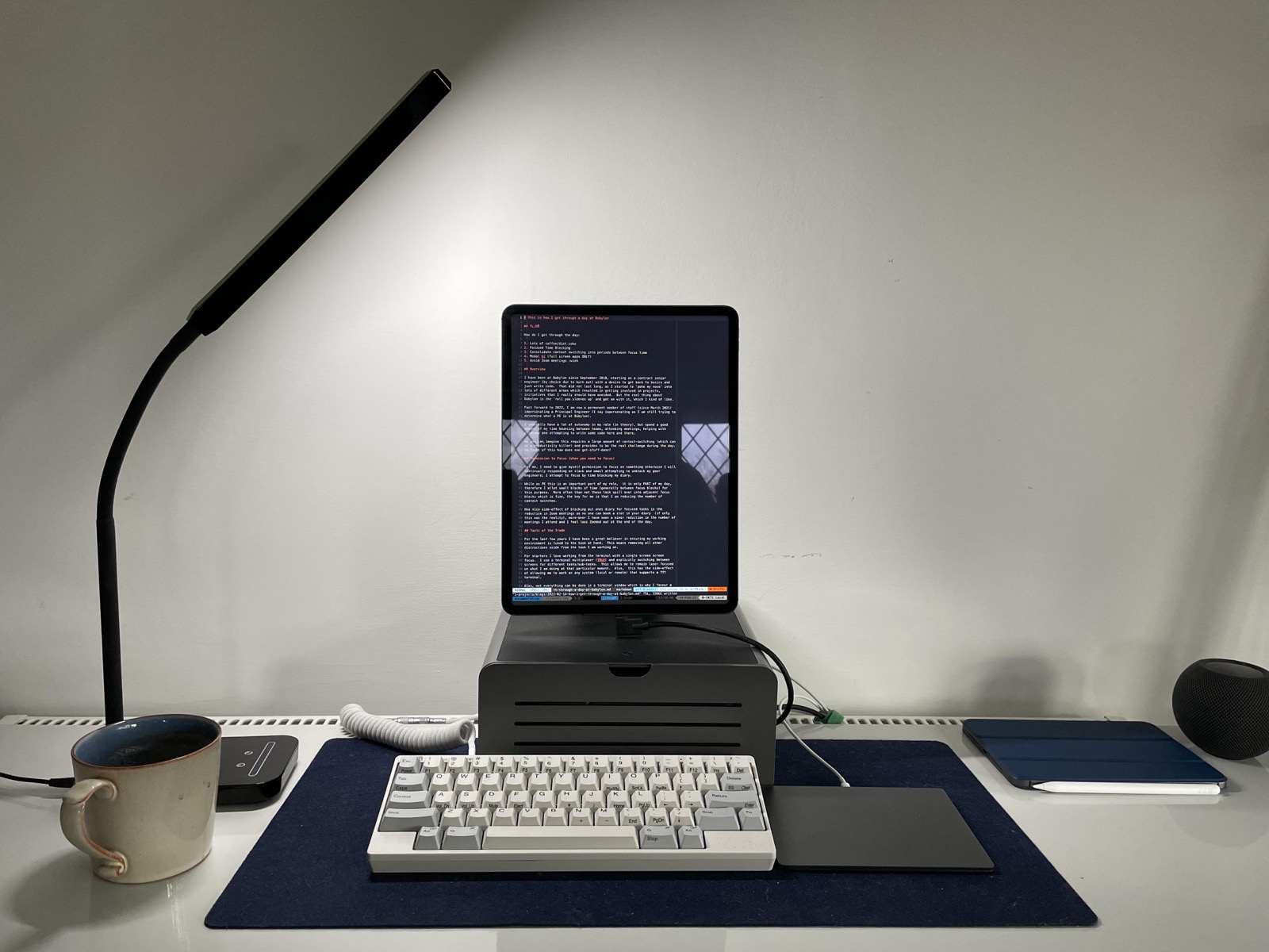 My 2022 setup at Babylon: M1 iPad Pro running full-screen, terminal-first