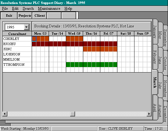 Screenshot from my final-year support diary system prototype, showing a Windows-era multi-user booking interface with diary slots, consultants and booking details